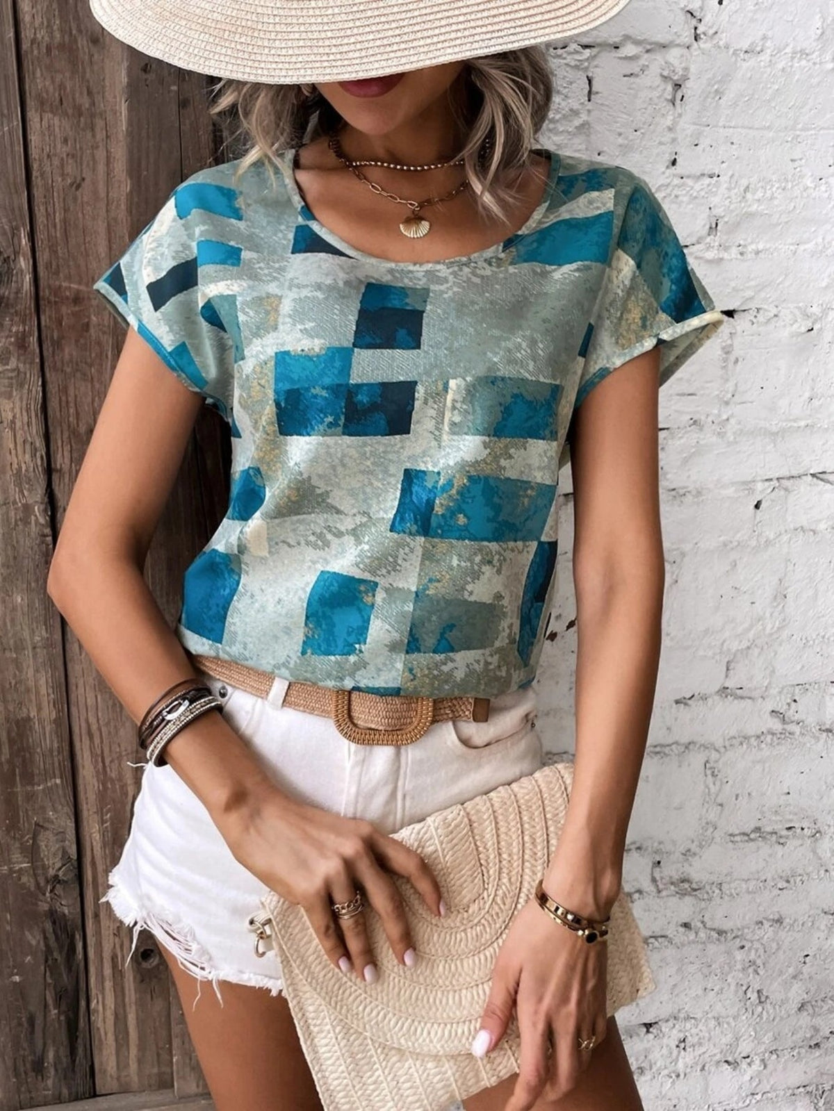 Graphic Print Crew Neck T-shirt, Short Sleeve Aztec Print Tops
