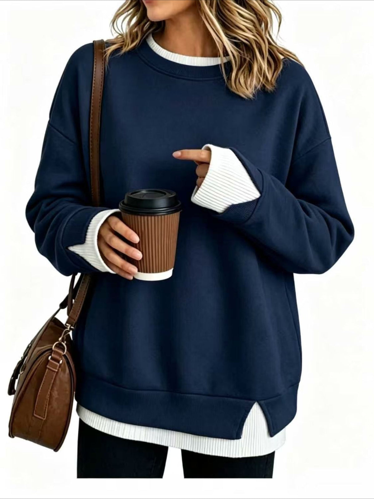 Plain Crew Neck Split Joint Casual Spring/Fall Long Sleeve Sweatshirt