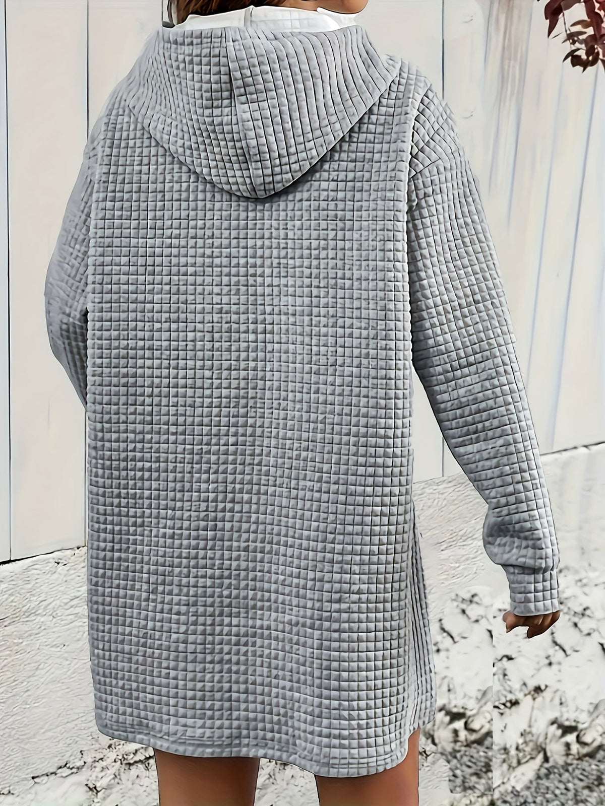 Stylish Textured Drawstring Dress - Comfy Hooded Long Sleeve with Kangaroo Pocket