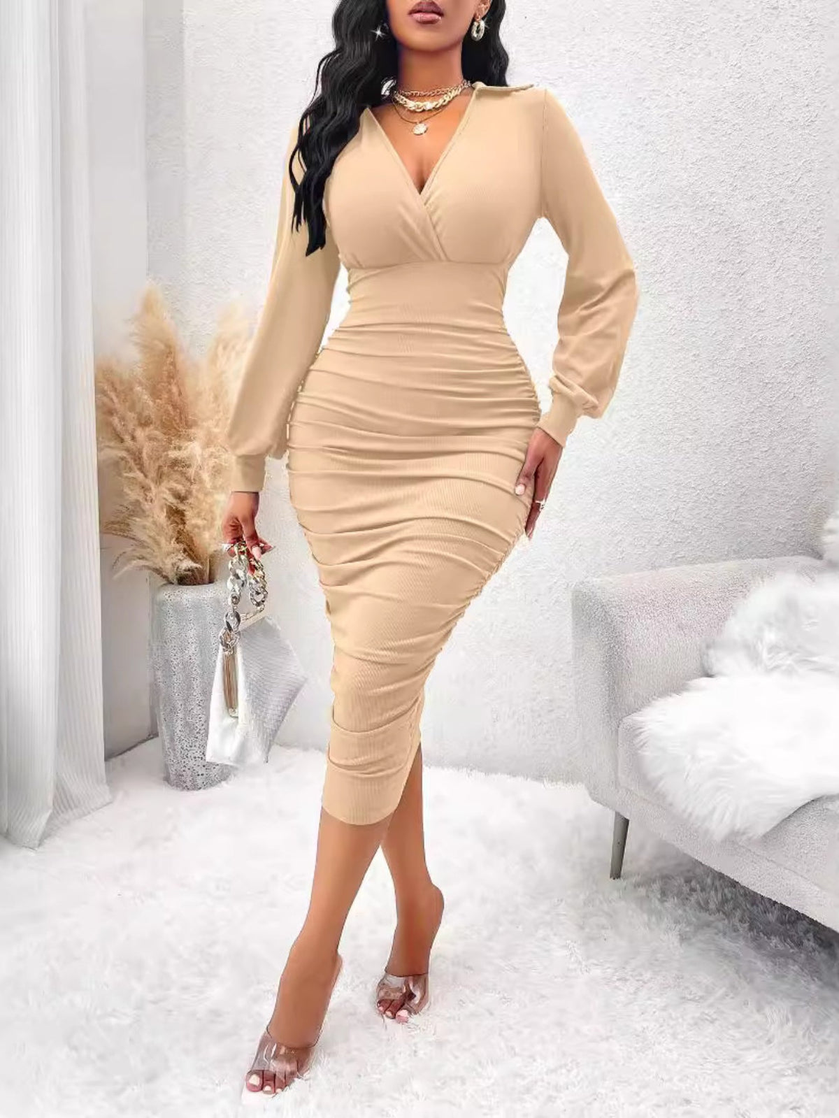 Elegant Side Ruched Long Sleeve Solid Color V-Neck Midi Dress