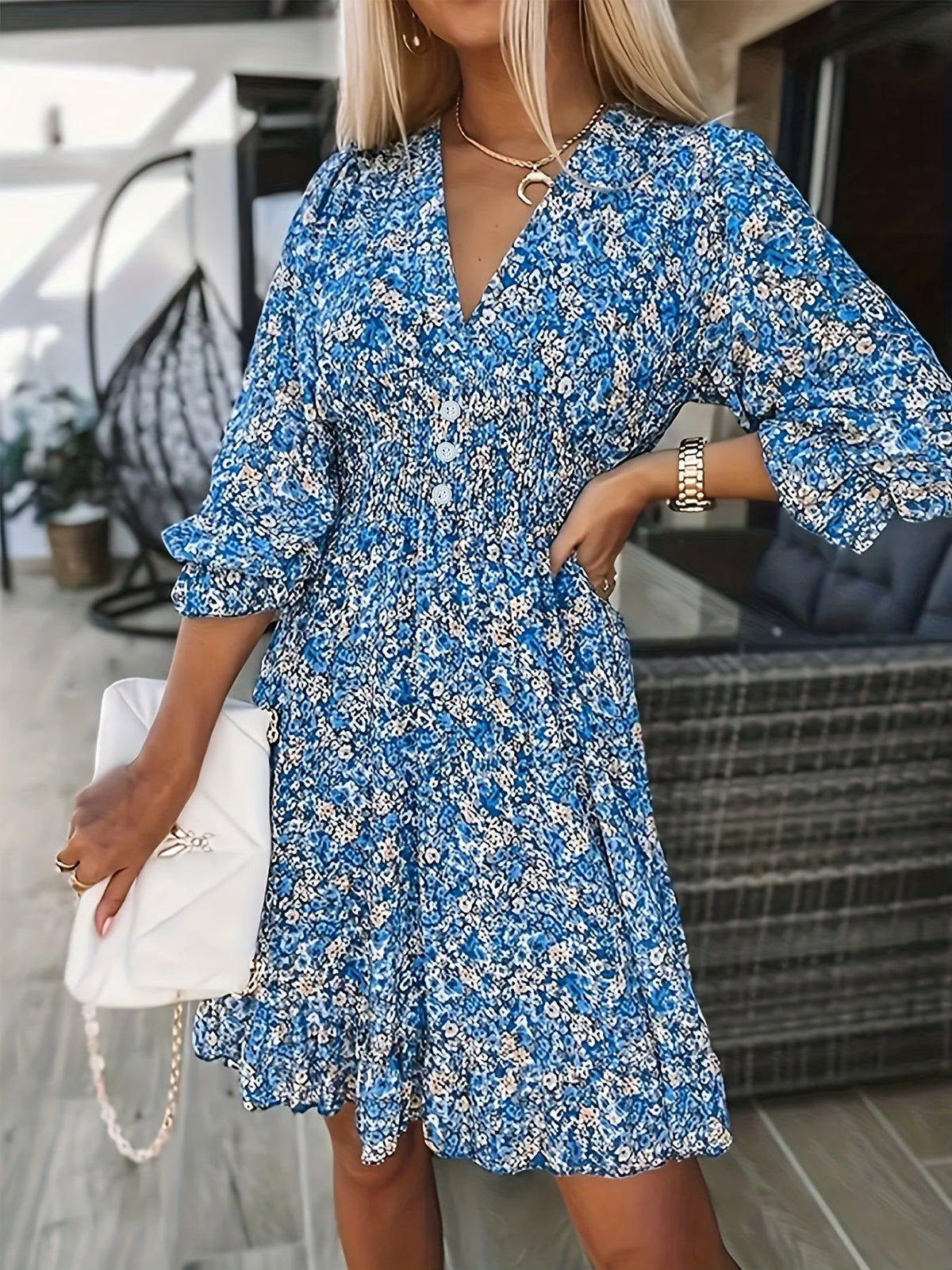 Ditsy Floral Print Dress, Casual V Neck Layered Ruffle Trim Dress With Buttons