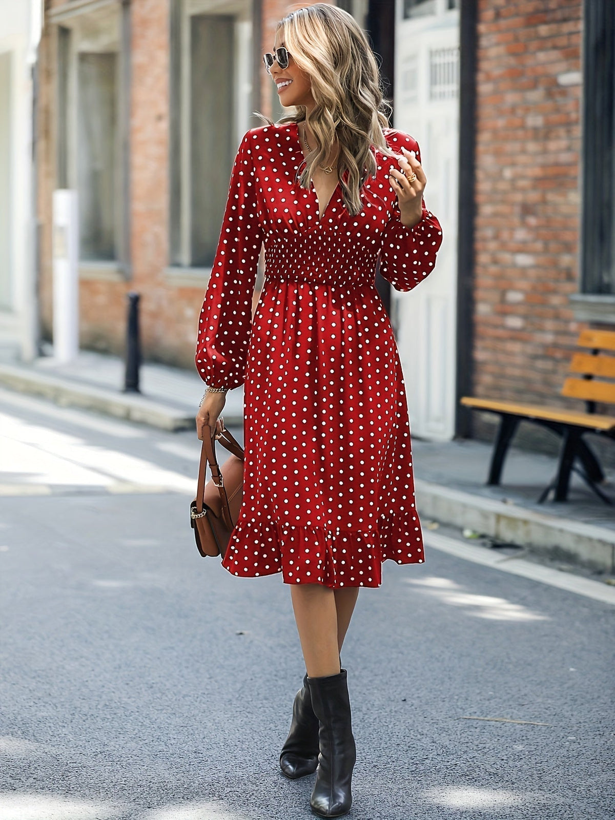 Retro V-neck Ruffle Dress, Polka Dot Print Long Sleeve Waist Loose Summer Dresses