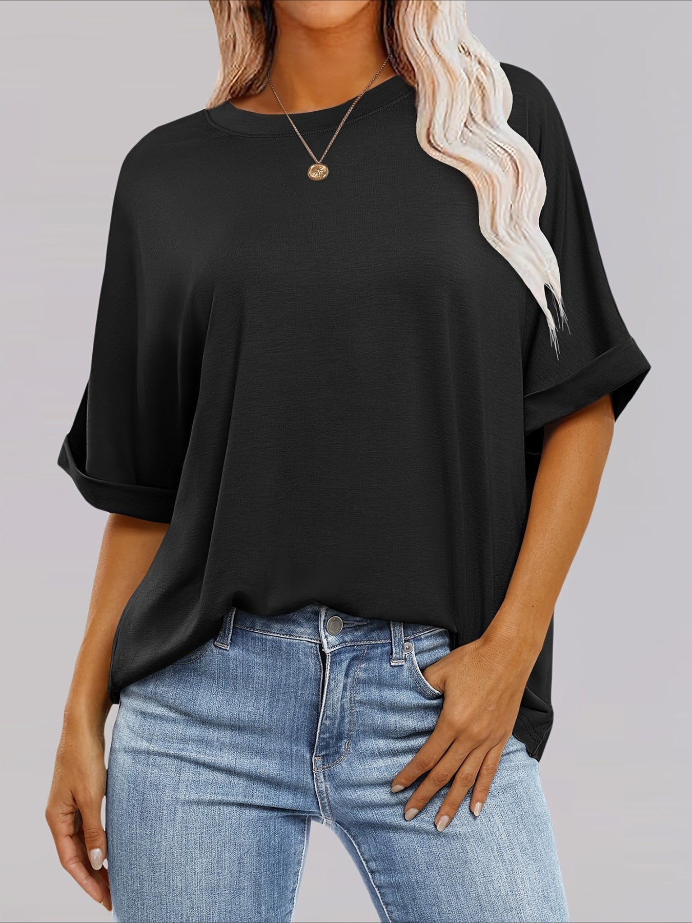 Casual Short Sleeve Crewneck Solid Color Loose T-Shirt