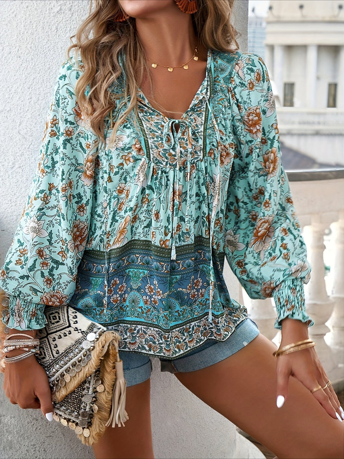 Floral Print Tie Neck Blouse, Casual Long Sleeve Blouse