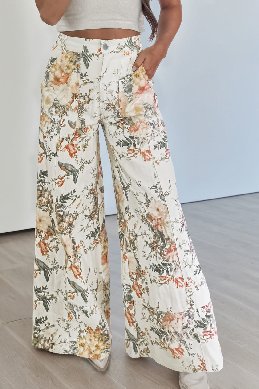 Beige Vintage Style Floral Print High Waist Wide Leg Jeans