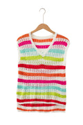 Multicolour Striped Eyelet Knit V Neck Sweater Tee