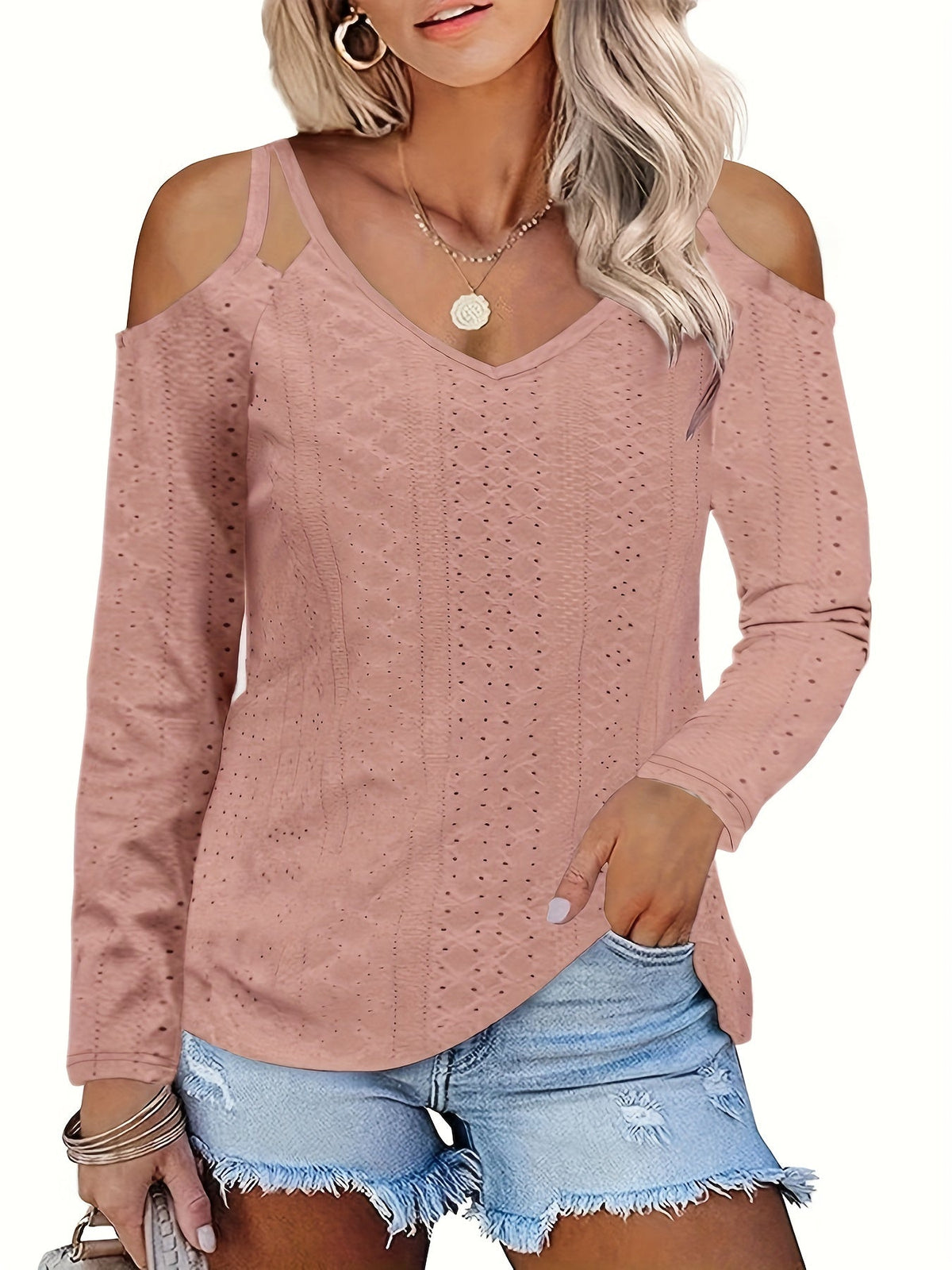 Casual Top, Women's Solid Eyelet Embroidered Cut Out Cold Shoulder Long Sleeve V Neck Top