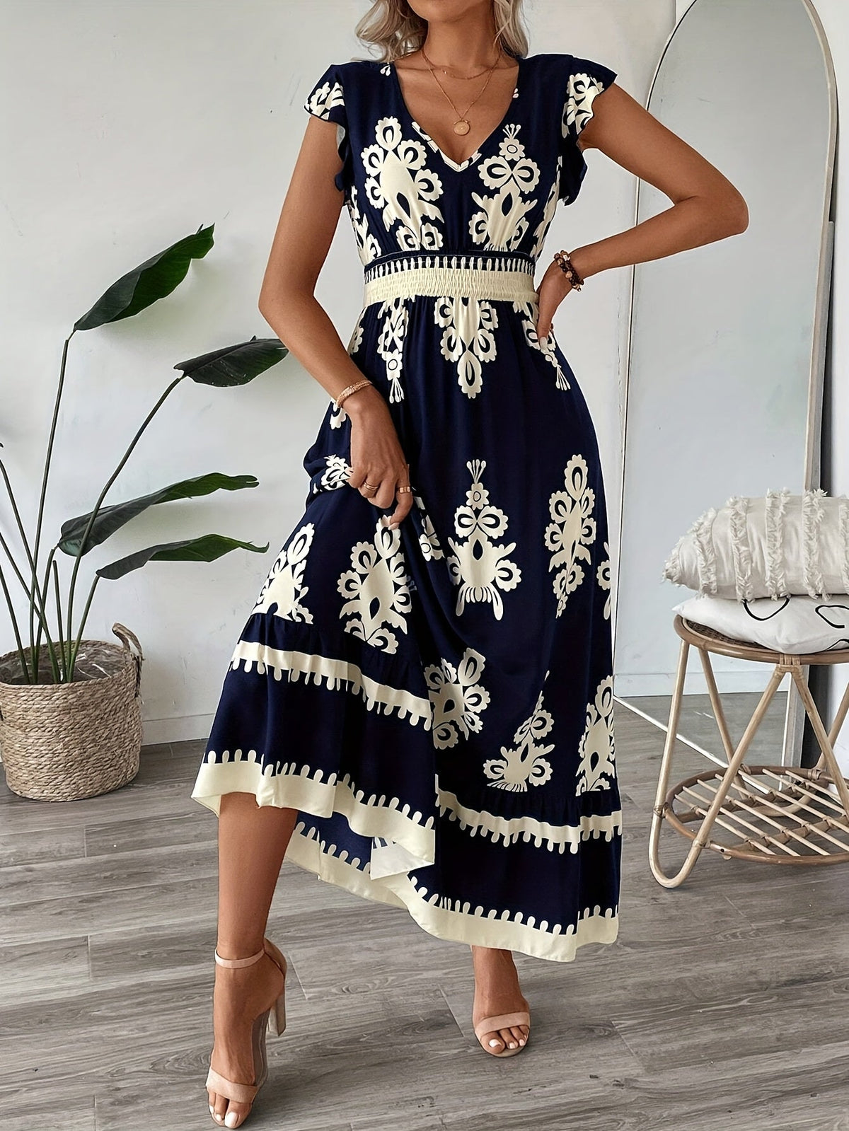 Women's Navy Blue Floral Print V-Neck A-Line Dress with Ruffled Cap Sleeves