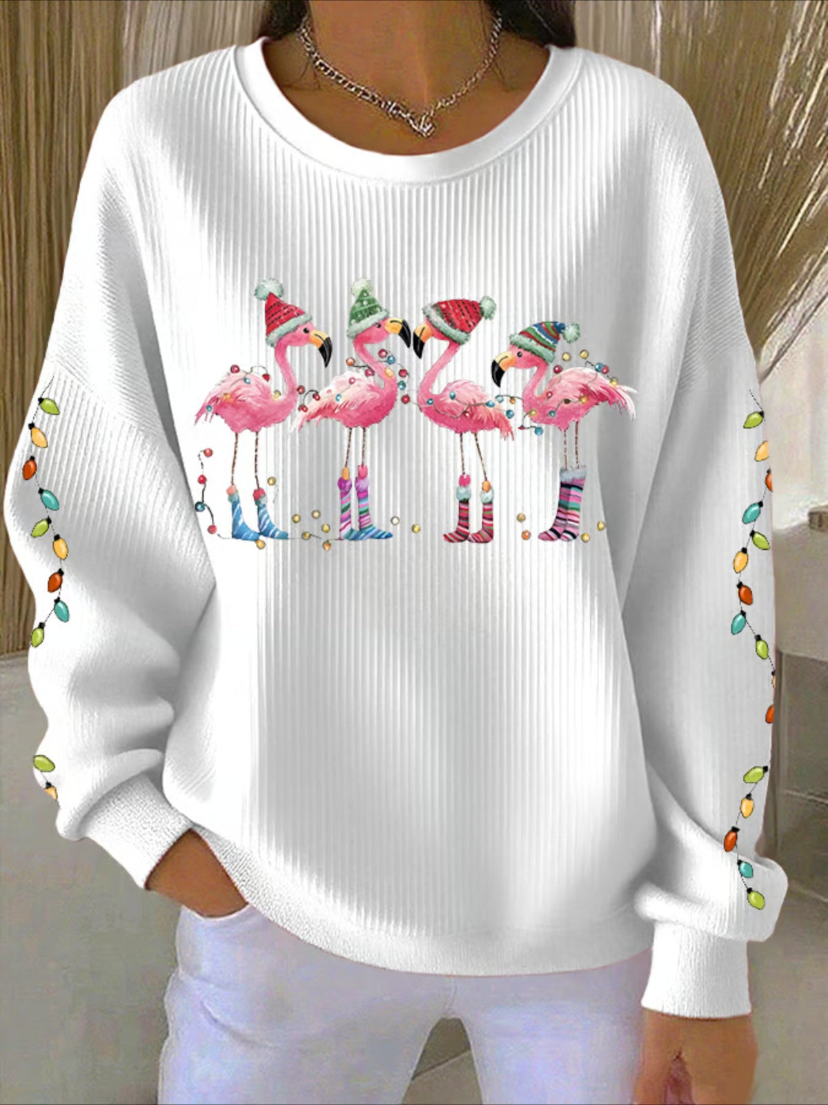 Christmas Printed Crew Neck Floral Long Sleeve Sweater Hoodie