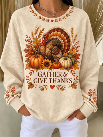 Halloween Printed Crew Neck Waffle Pattern Long Sleeve Sweater Hoodie