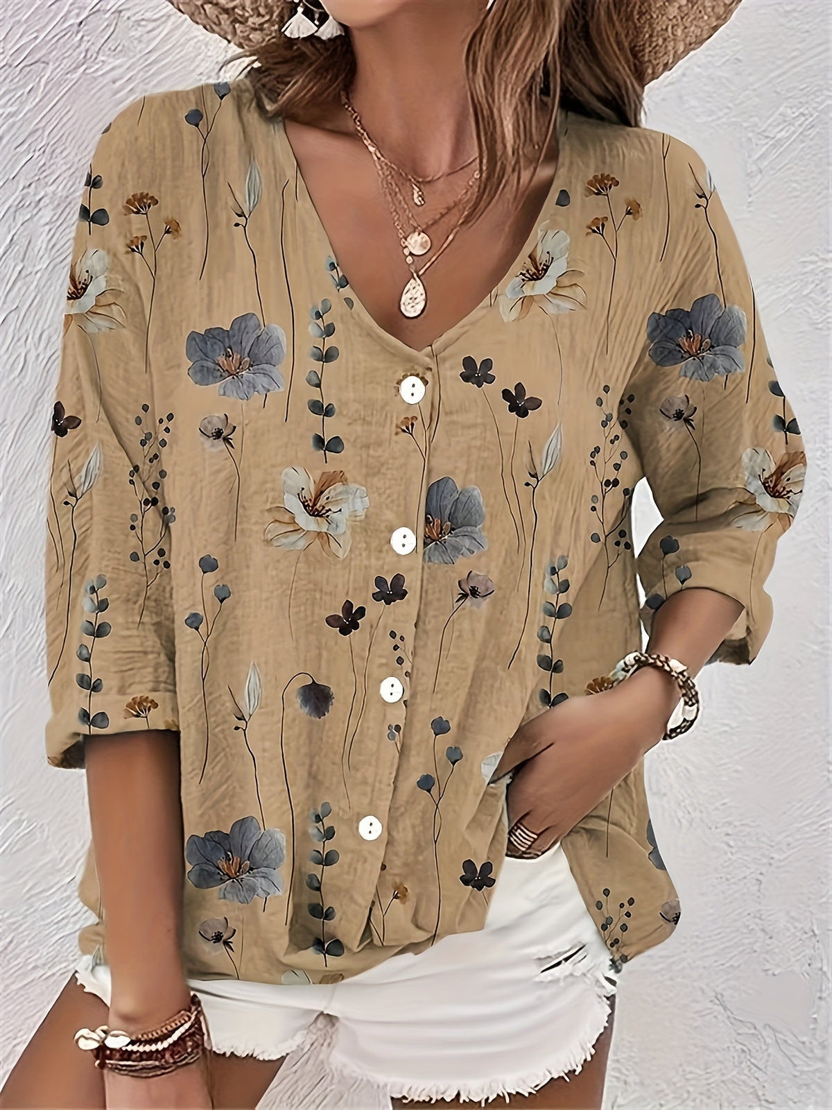 Women's Floral Print Button Up Half Sleeve V Neck Top
