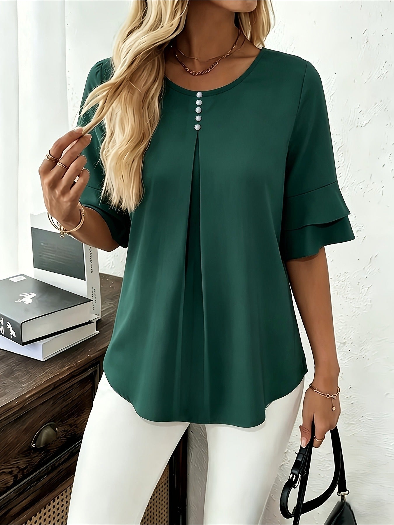 Elegant Fashion Summer Loose Solid Round Neck Button-Up Shirt Flared Sleeve Ruffle Top