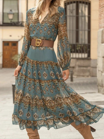 V Neck Long Sleeve Chiffon Vacation Ethnic Midi Dress