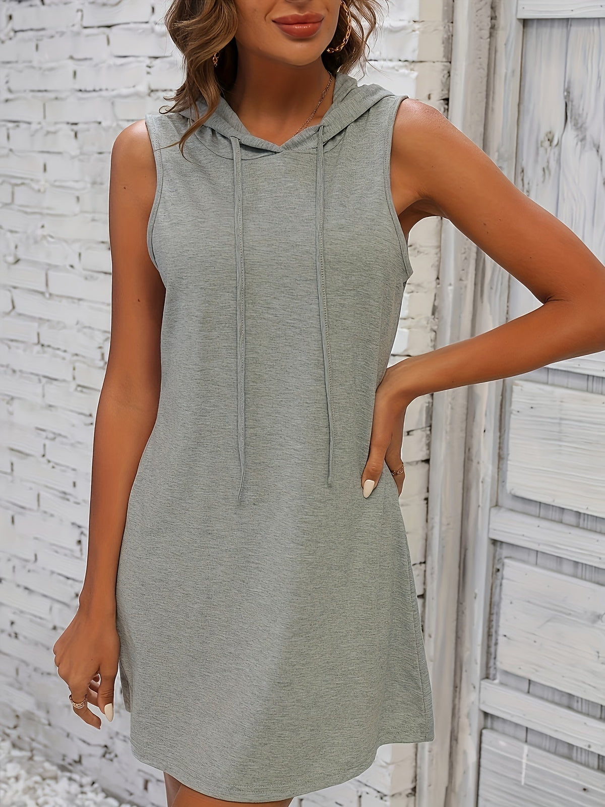 Drawstring Sleeveless Hooded Dress, Casual Dress