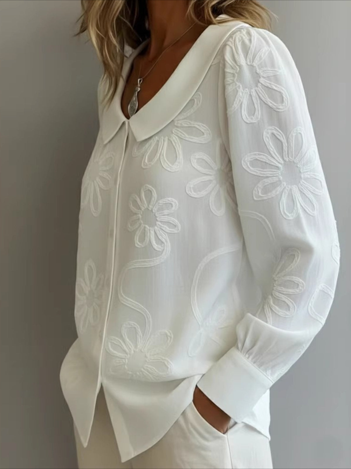 Embroidery Floral Long Sleeve Crew Neck Button Loose Going Out Casual Top