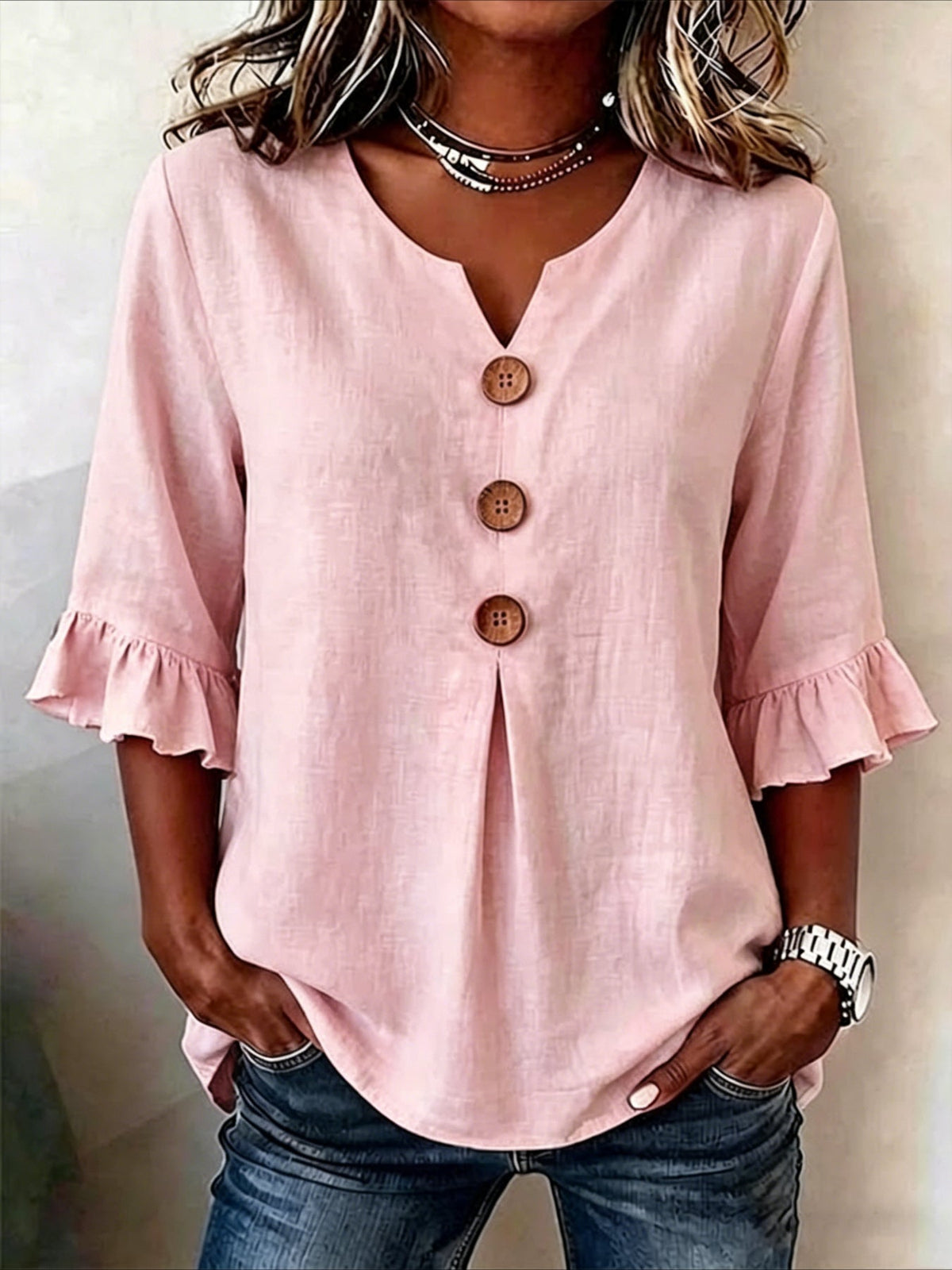 Solid Color Floral V Neck Button Short Ruffle Sleeve Casual Top