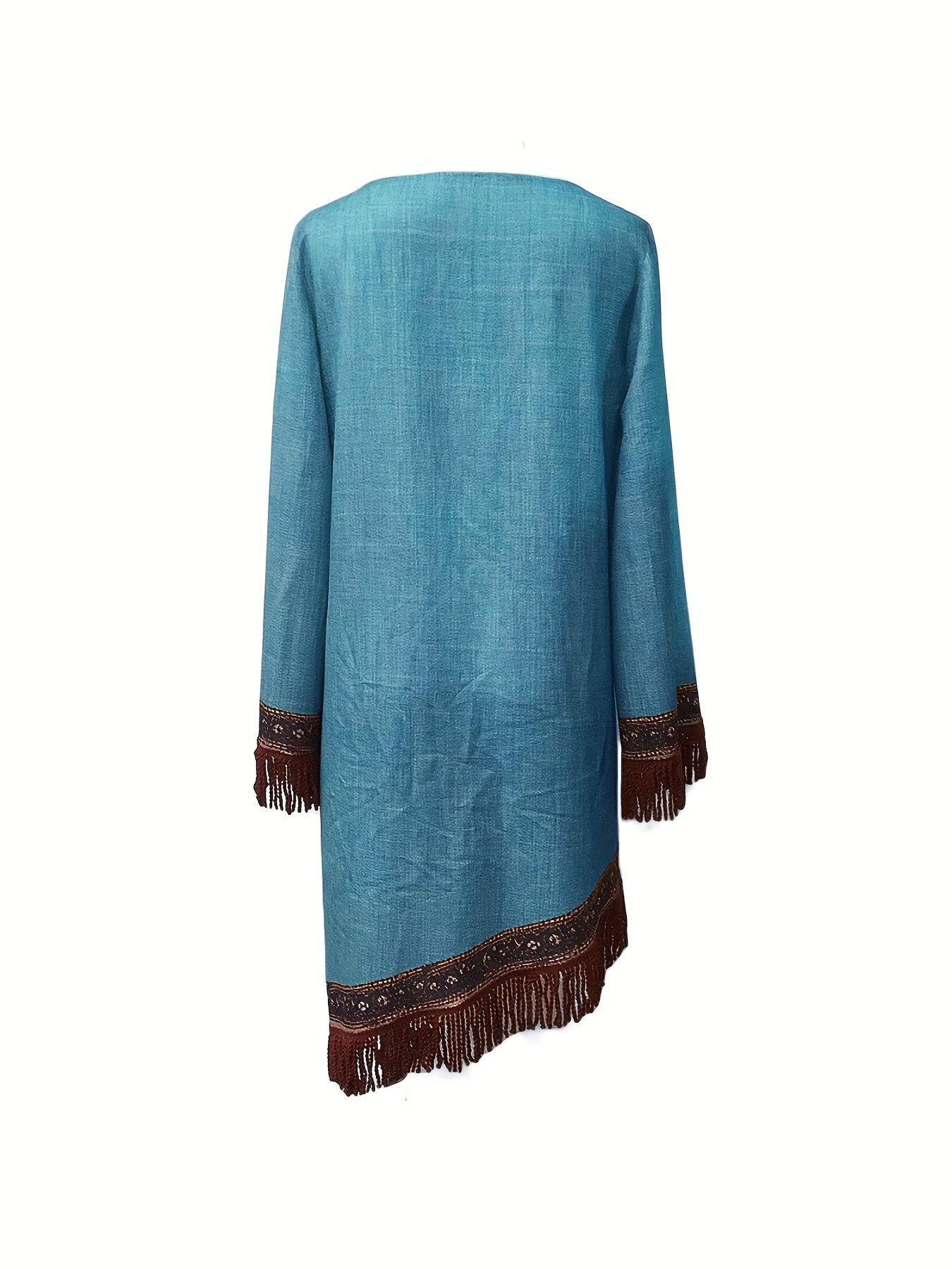 Elegant V-Neck Floral Pattern Fringe Detail and Long Sleeves Dress