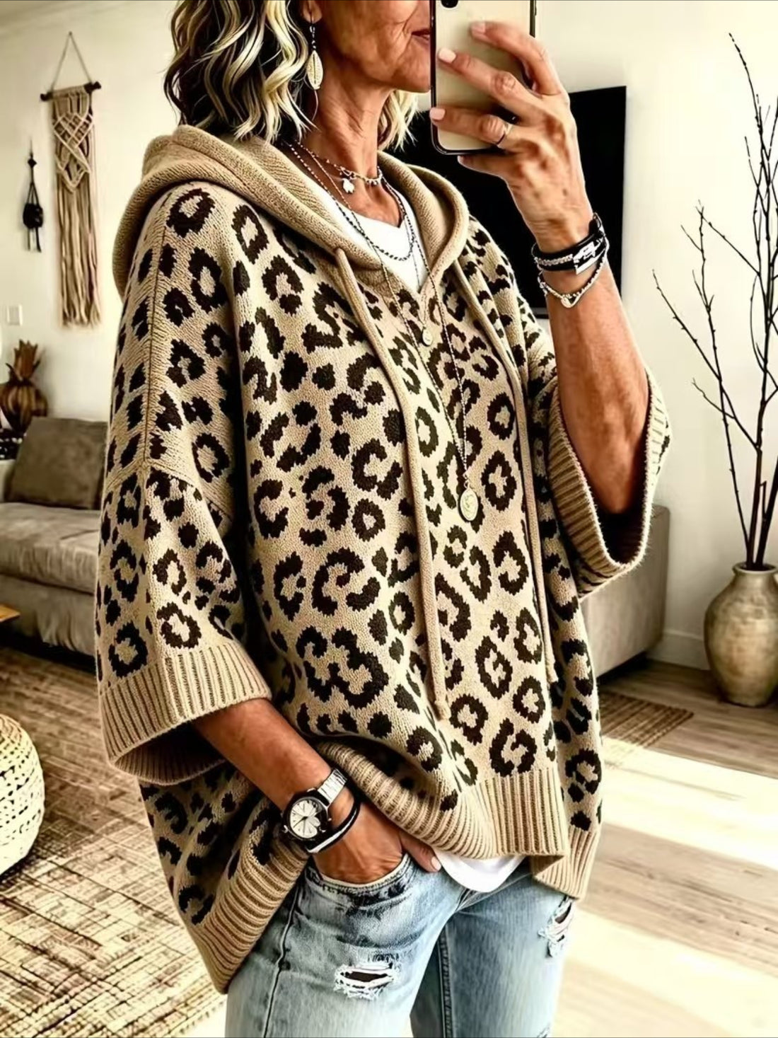 Leopard Pattern Hooded Knit Sweater with Batwing Sleeves