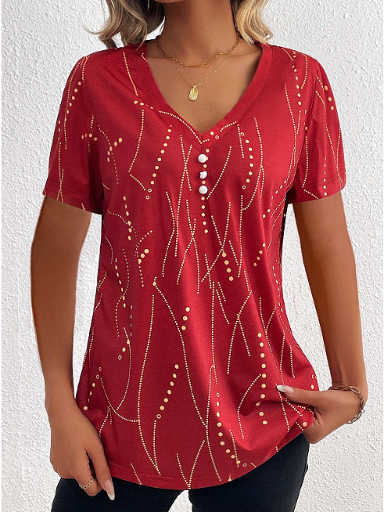 Polka Dot Print T-Shirt, Casual V Neck Short Sleeve T-Shirt