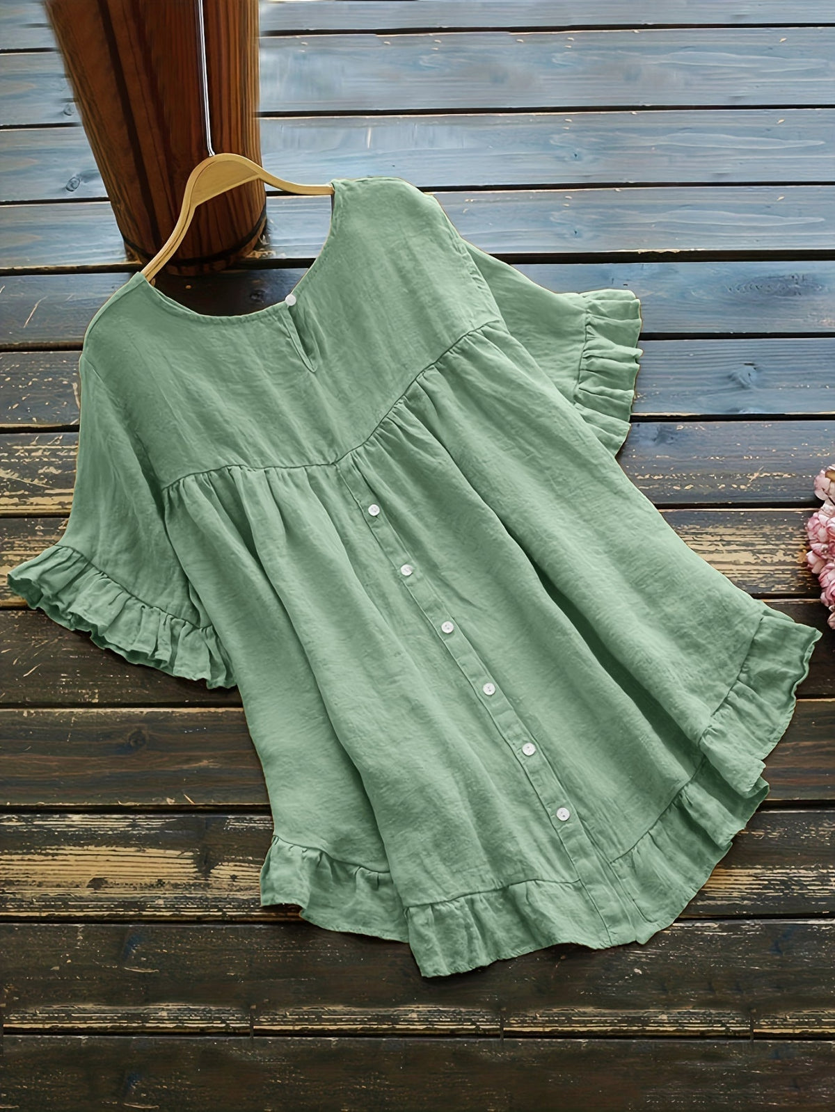 Solid Button Back Ruffled Trim Blouse, Casual Short Sleeve Blouse