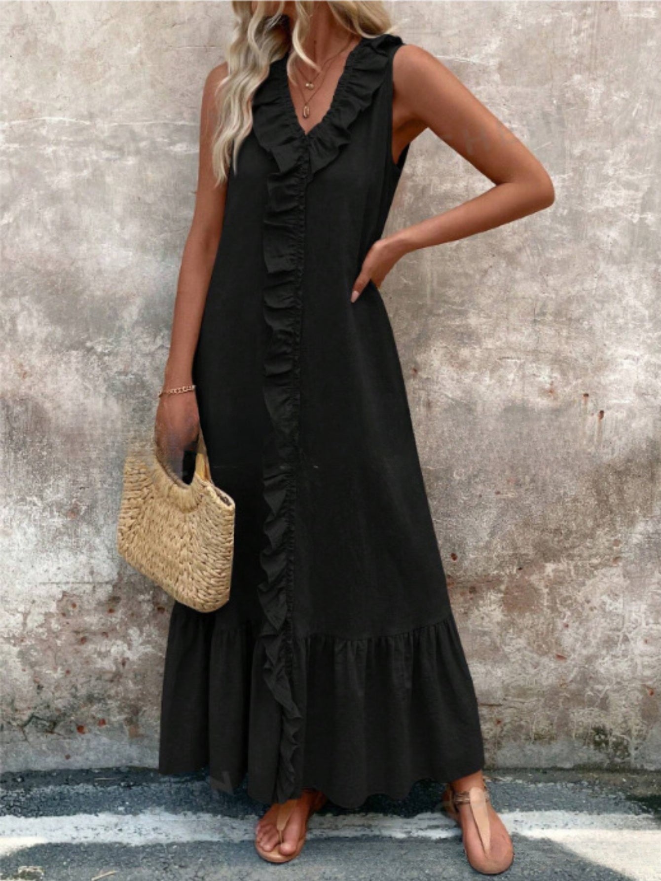 Sleeveless V-Neck Women's Elegant Green Ruffle Hem Midi Dress