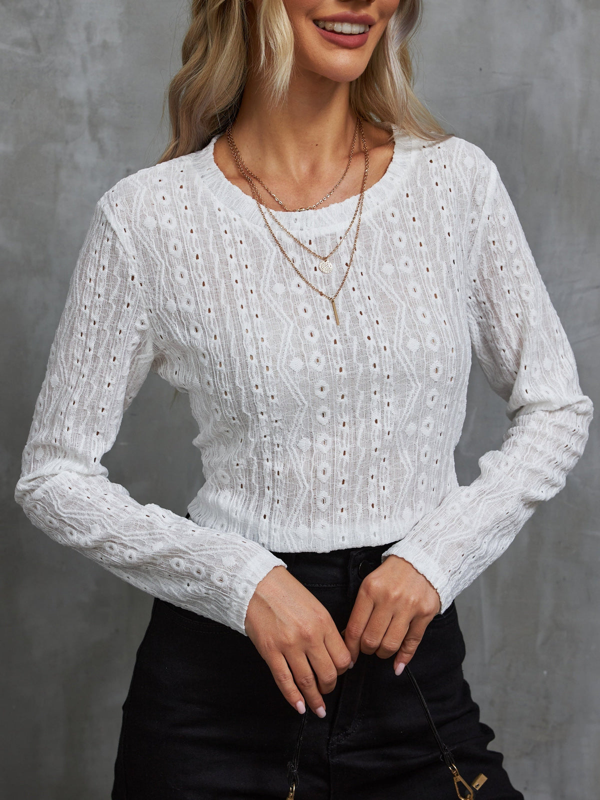 Eyelet Solid T-shirt, Casual Crew Neck Long Sleeve T-shirt