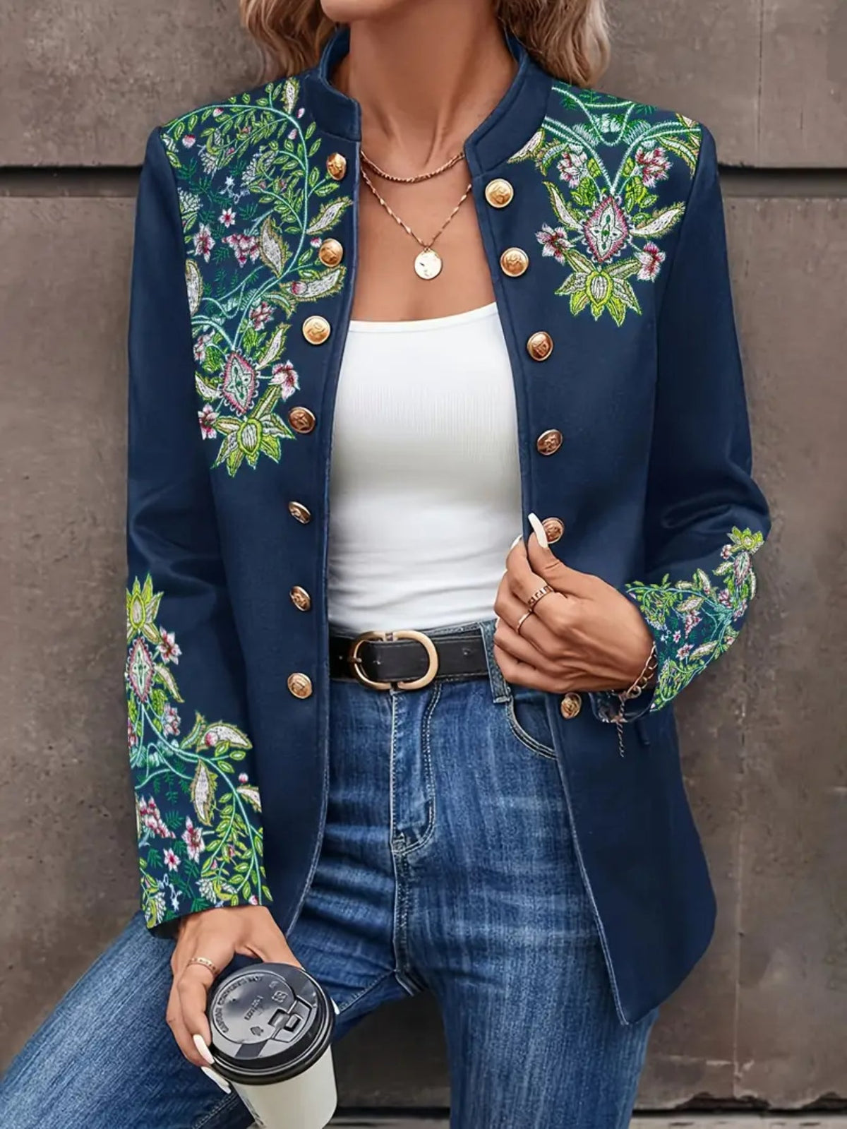 Floral Double-Breasted Jacket, Elegant Long Sleeve Stand Collar Vintage Jacket