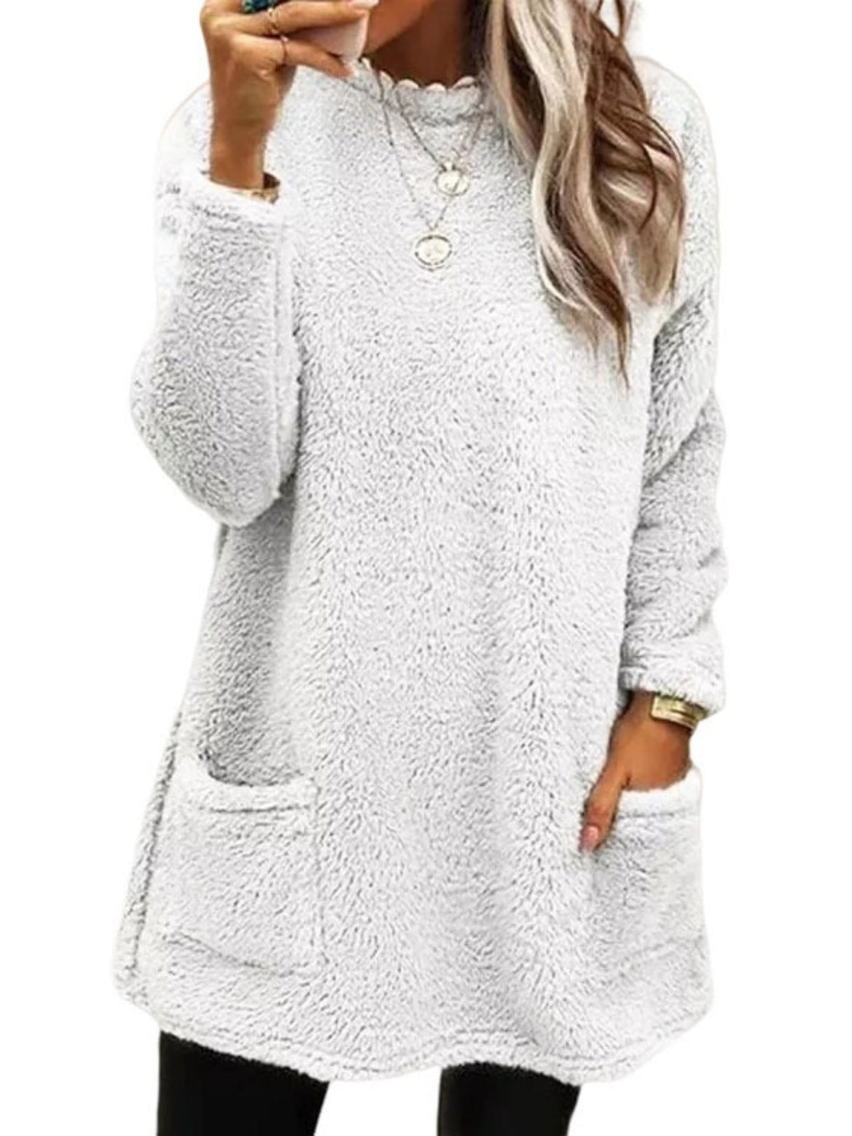 Solid Color Pullover Teddy Sweatshirt, Casual Long Sleeve Crew Neck Dual Pockets Sweatshirt