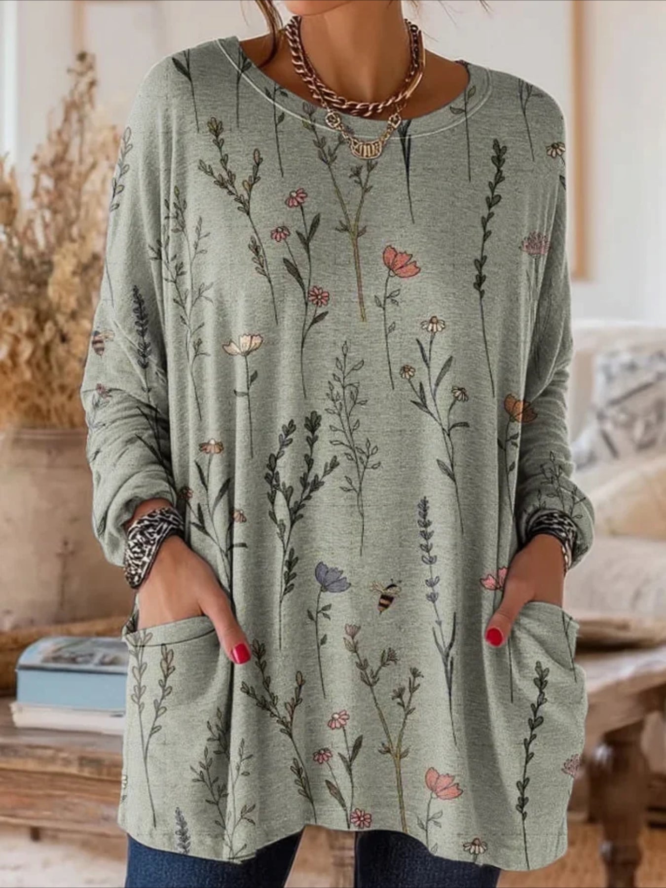 Floral Long Sleeve Crew Neck Printing Vintage Spring/Fall Top