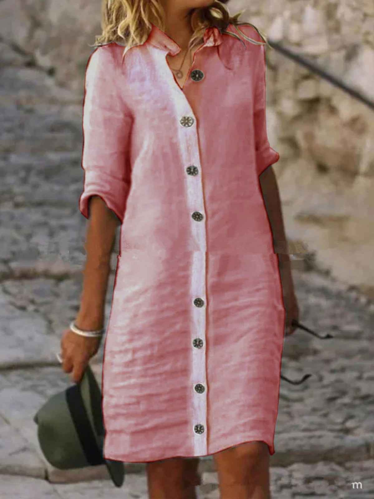Button Front Half Sleeve Dress, Casual Solid Simple Midi Dress