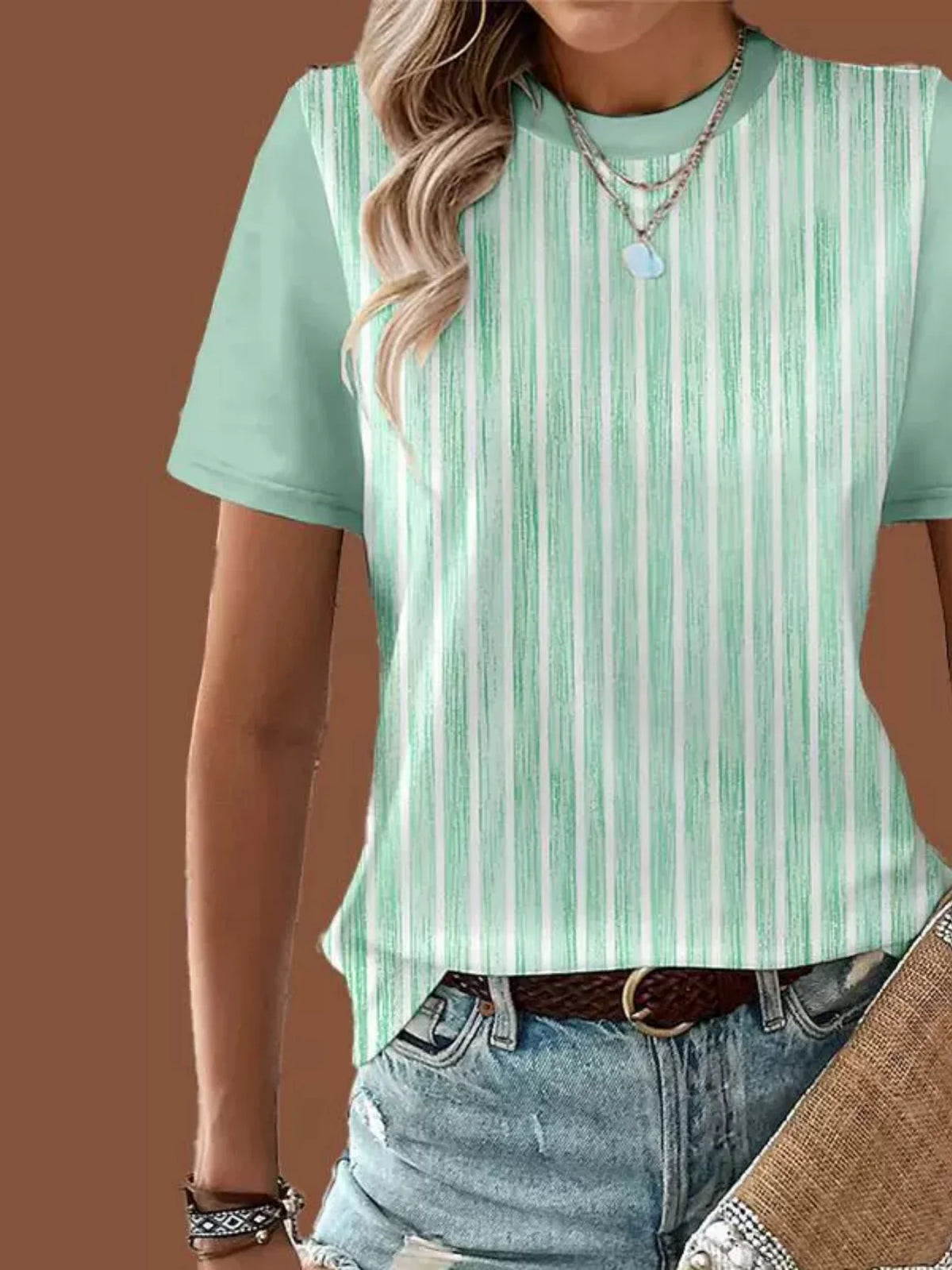 Casual Patchwork Pattern Round Neck Short Sleeve Loose Women T-Shirt