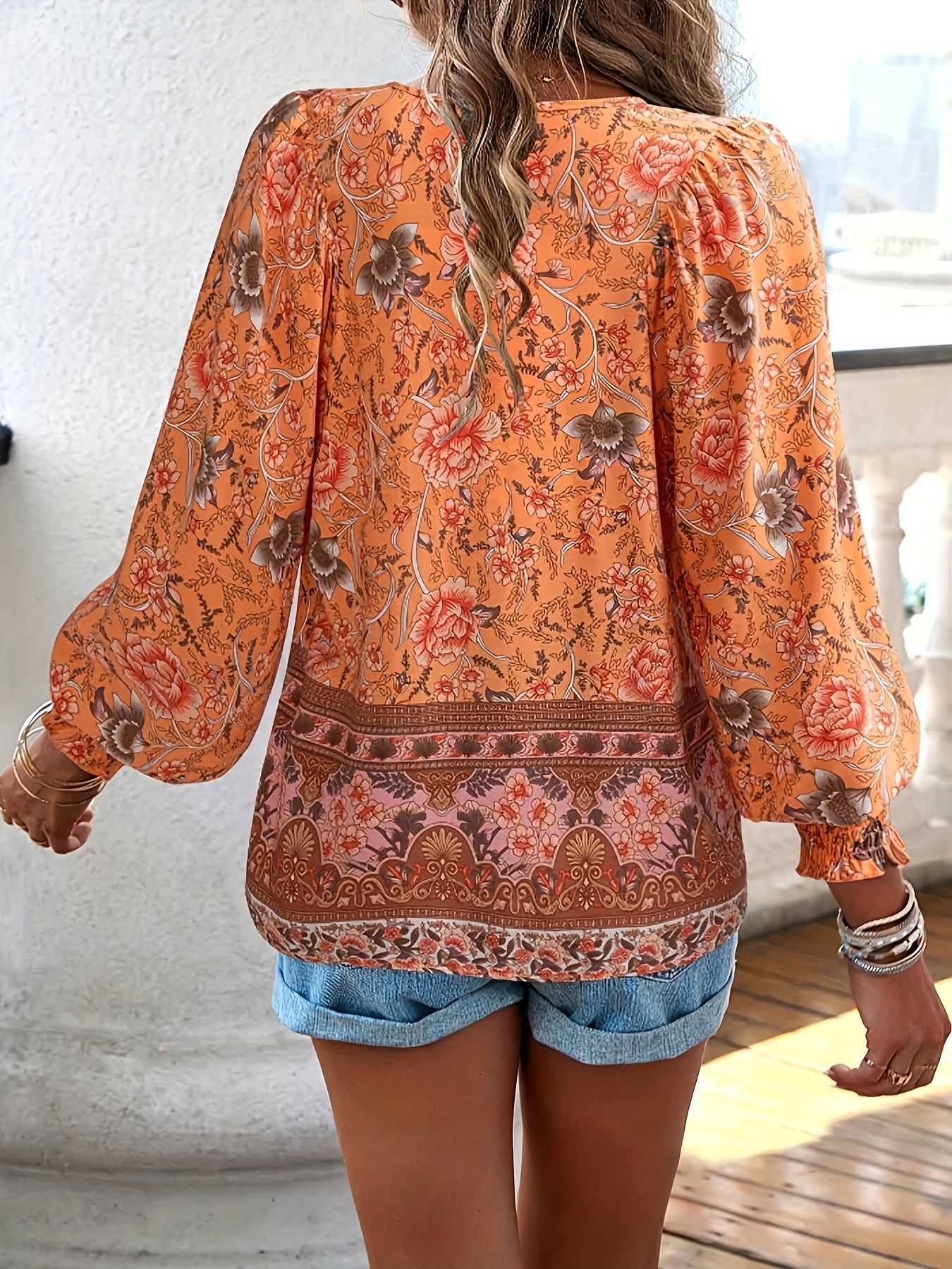 Vibrant Floral Print Tie Neck Blouse - Soft Micro Elastic Polyester Fabric, Casual Long Sleeve Shirt