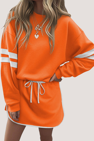Orange Varsity Stripe Detail Drop Shoulder Pullover Mini Skirt Set