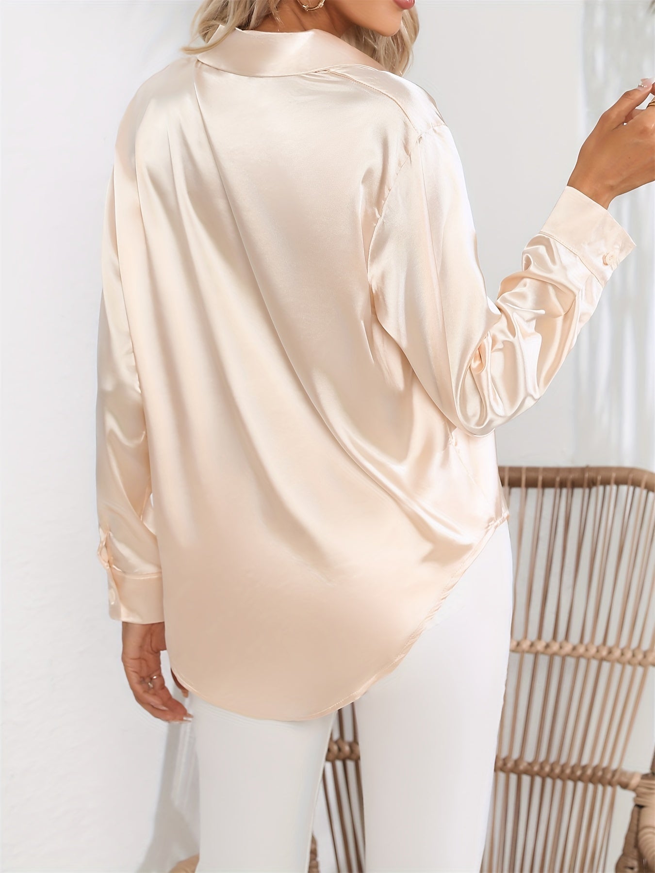 Lapel-collar Satin-satin-faux Silk Long-sleeved Shirt