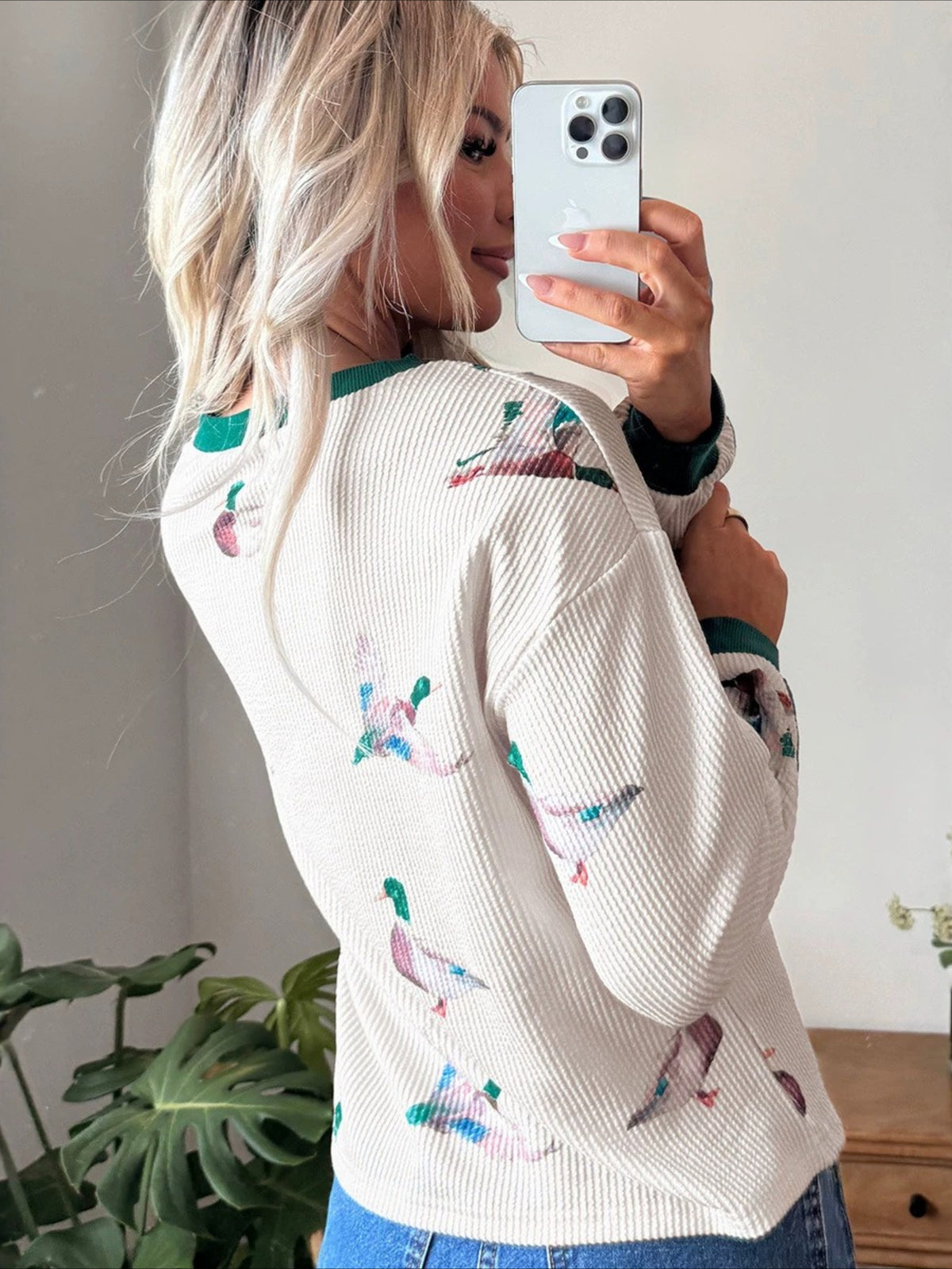 Duck Print Waffle Knit Sweatshirt with Contrast Trim