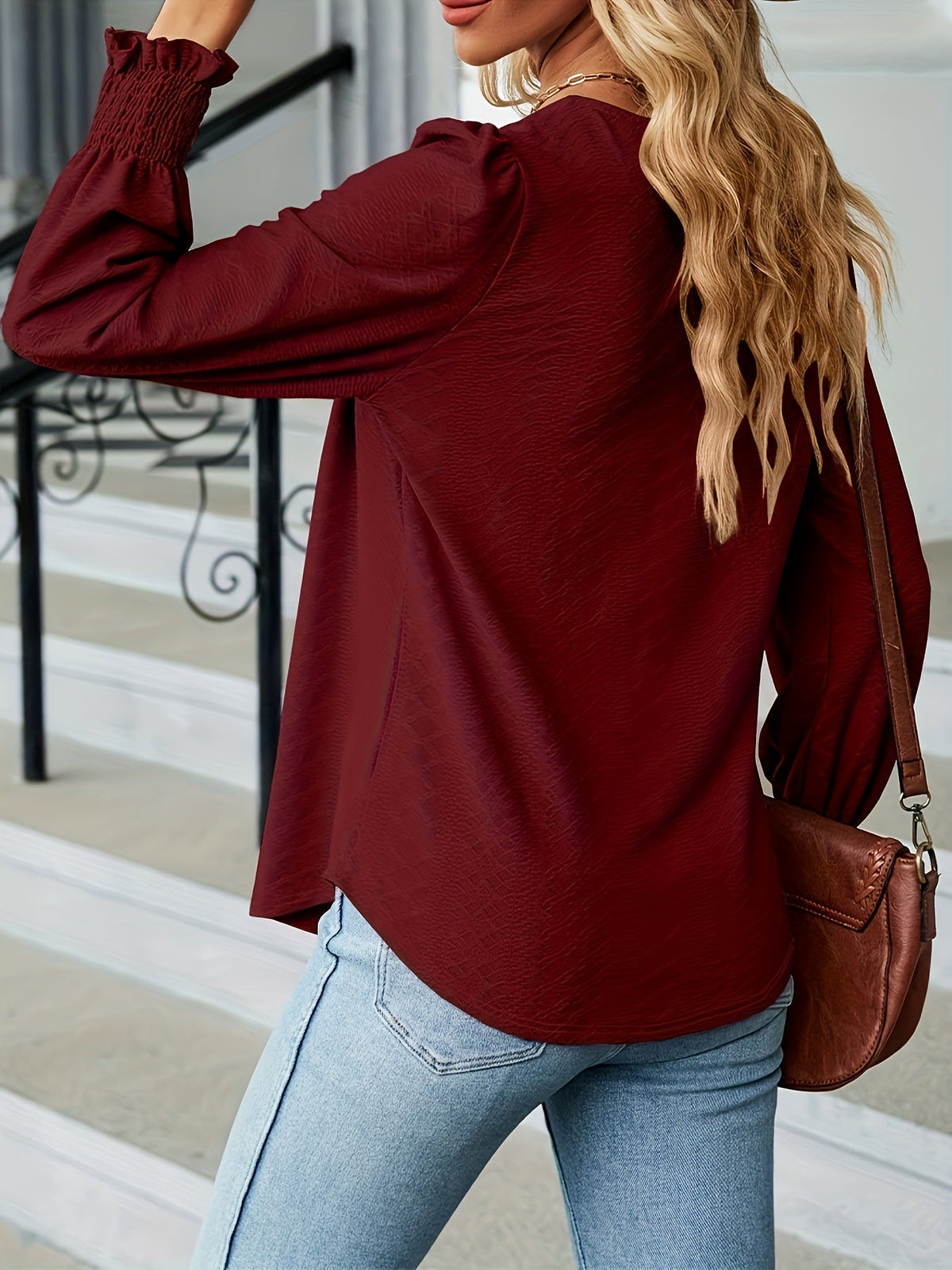 Elegant T-shirt, Women's  Argyle Textured Shirred Lantern Sleeve Square Neck Ruched Top