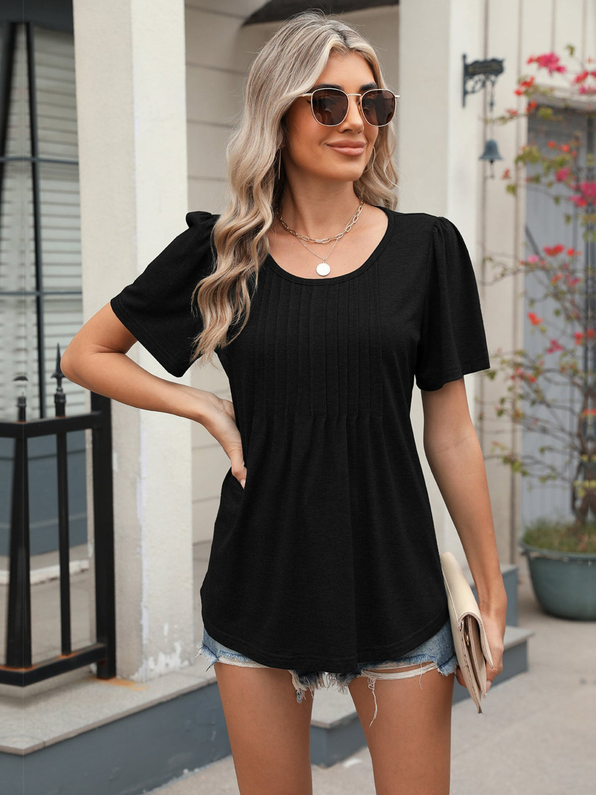 Solid Color Round Neck Pull-On Loose Short Sleeve T-Shirt