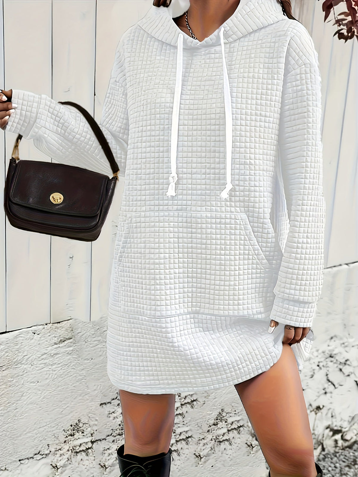Stylish Textured Drawstring Dress - Comfy Hooded Long Sleeve with Kangaroo Pocket