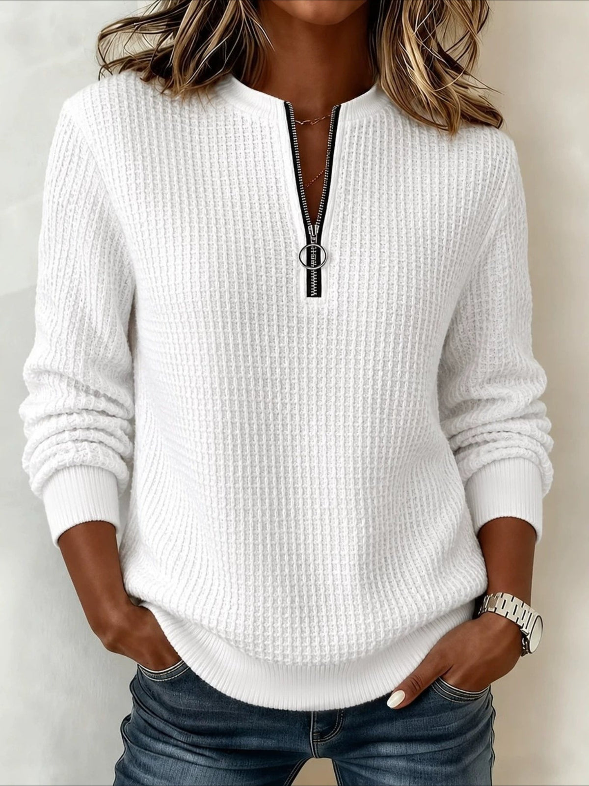 Half-open Zipper Waffle Long Sleeve Jumper Casual Knitted Sweater