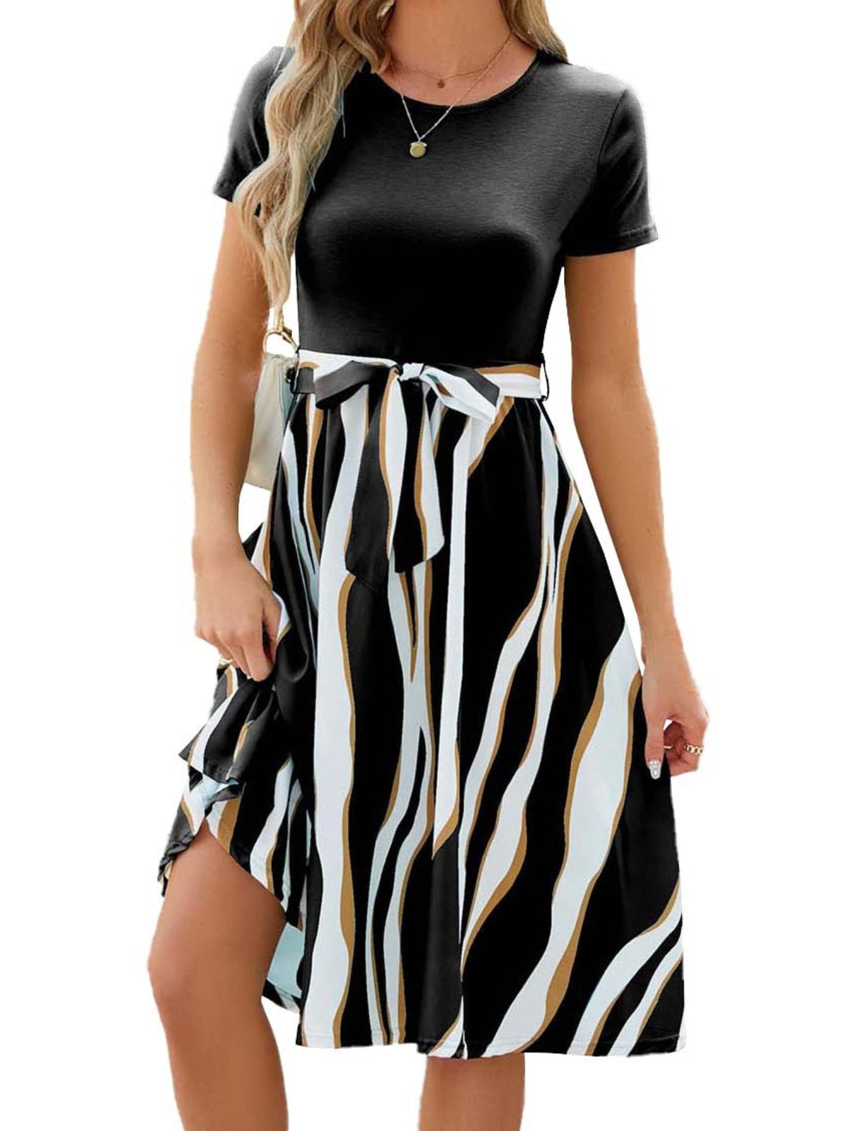 Colorblock Belted A-line Dress