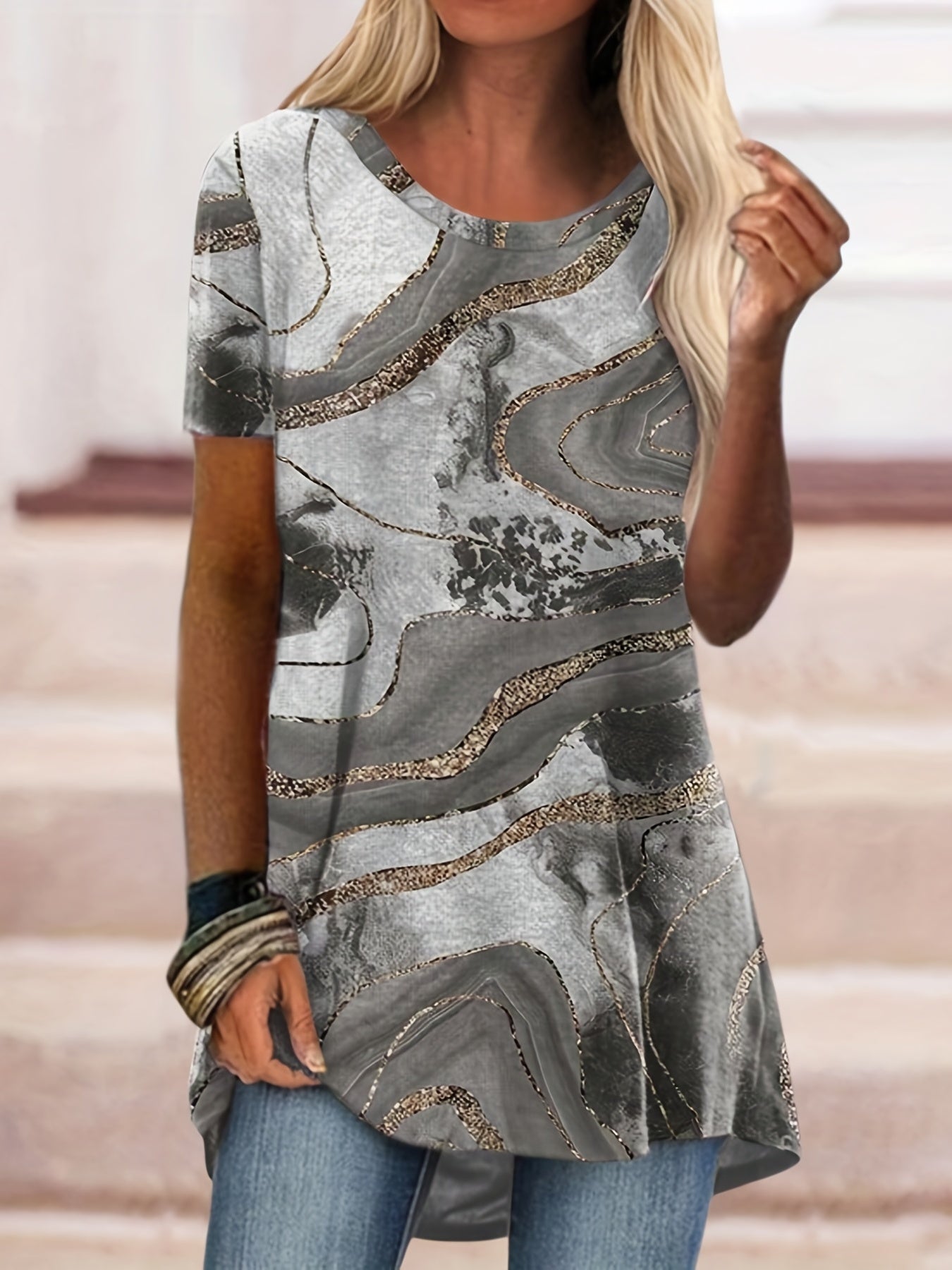 Geometric Print Crew Neck T-shirt, Vintage Short Sleeve T-shirt