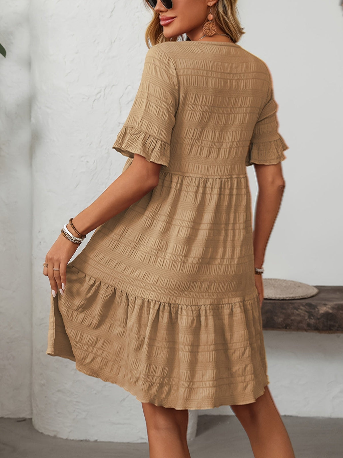 Square Neck Ruffle Detail Knee-Length Casual Short Sleeve Flowy Dress