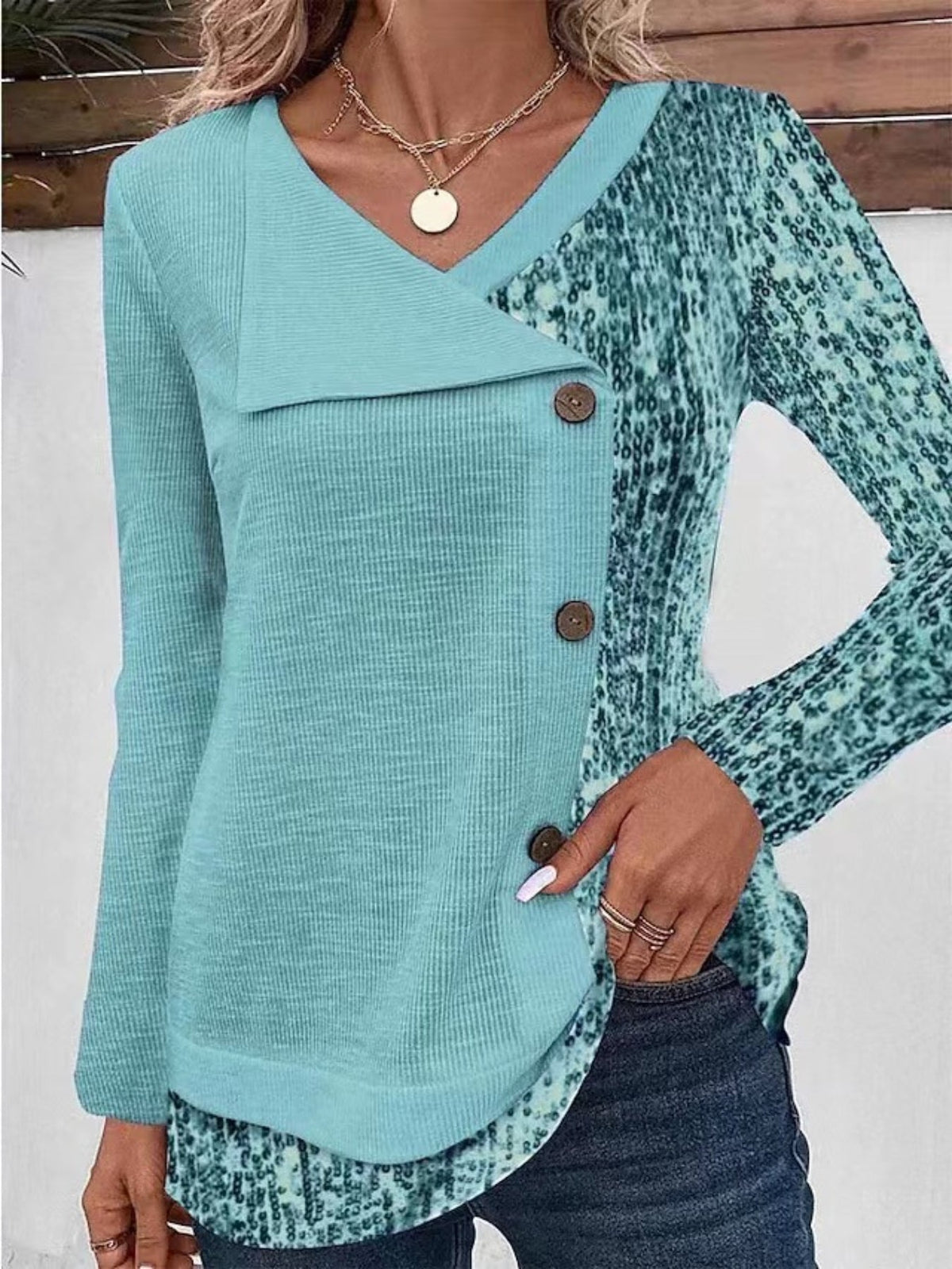 Sequined Button Decor V-neck Splicing T-Shirt, Casual Long Sleeve T-Shirt