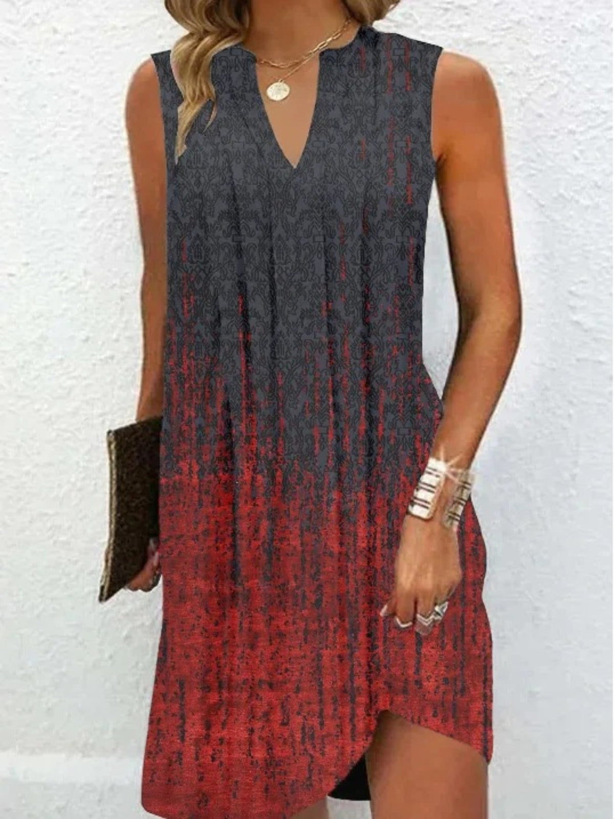 Abstract Ripple Print Dress, Casual V Neck Sleeveless Dress