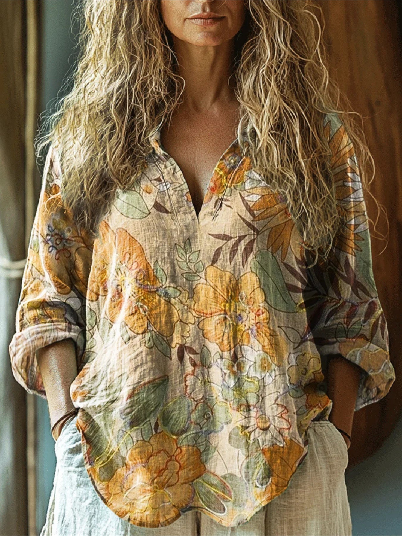 V Neck Long Sleeve Ombre Regular Loose Shirt