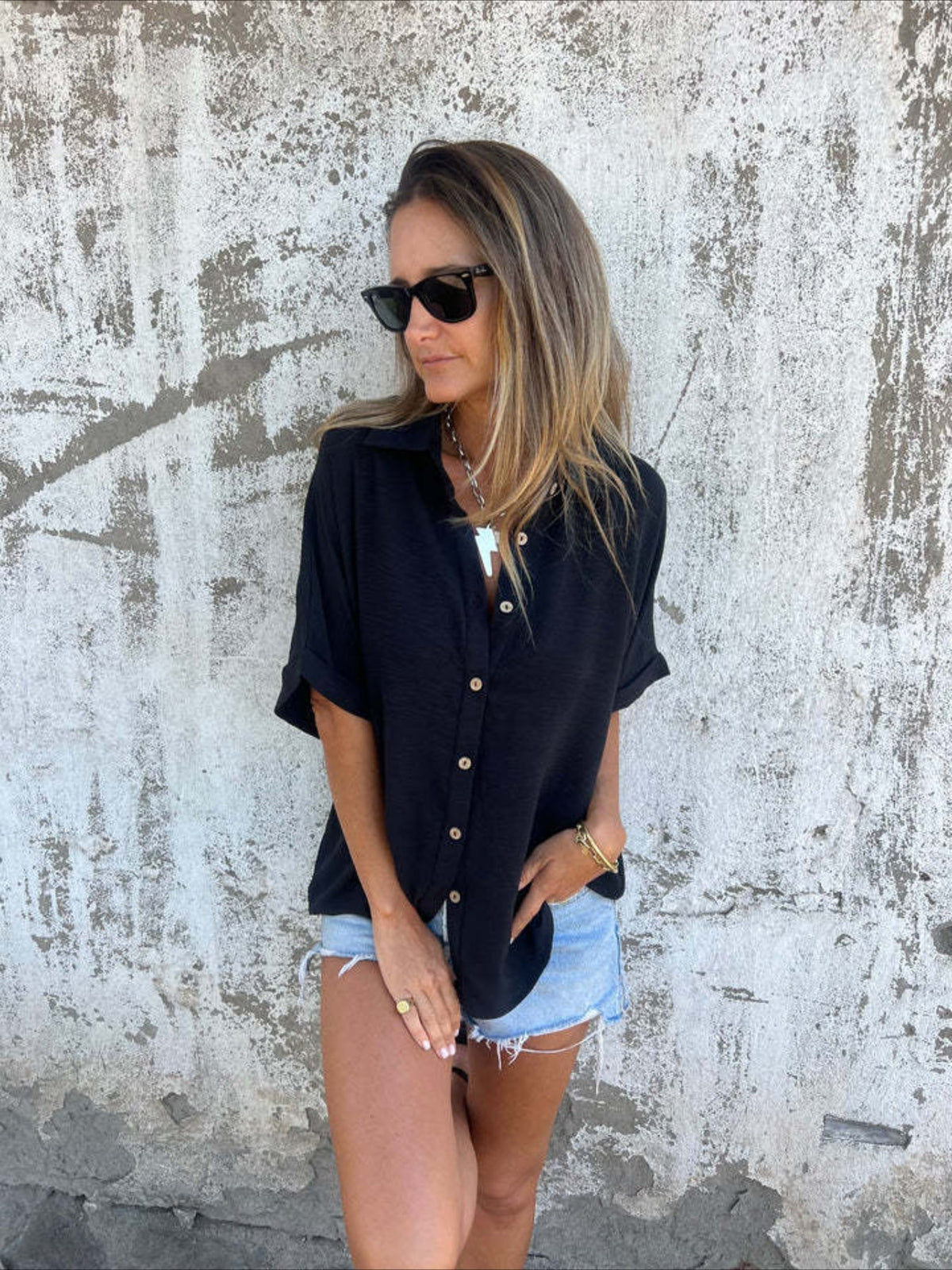 Plain Basic Modern Half Sleeve Collar Regular Tops