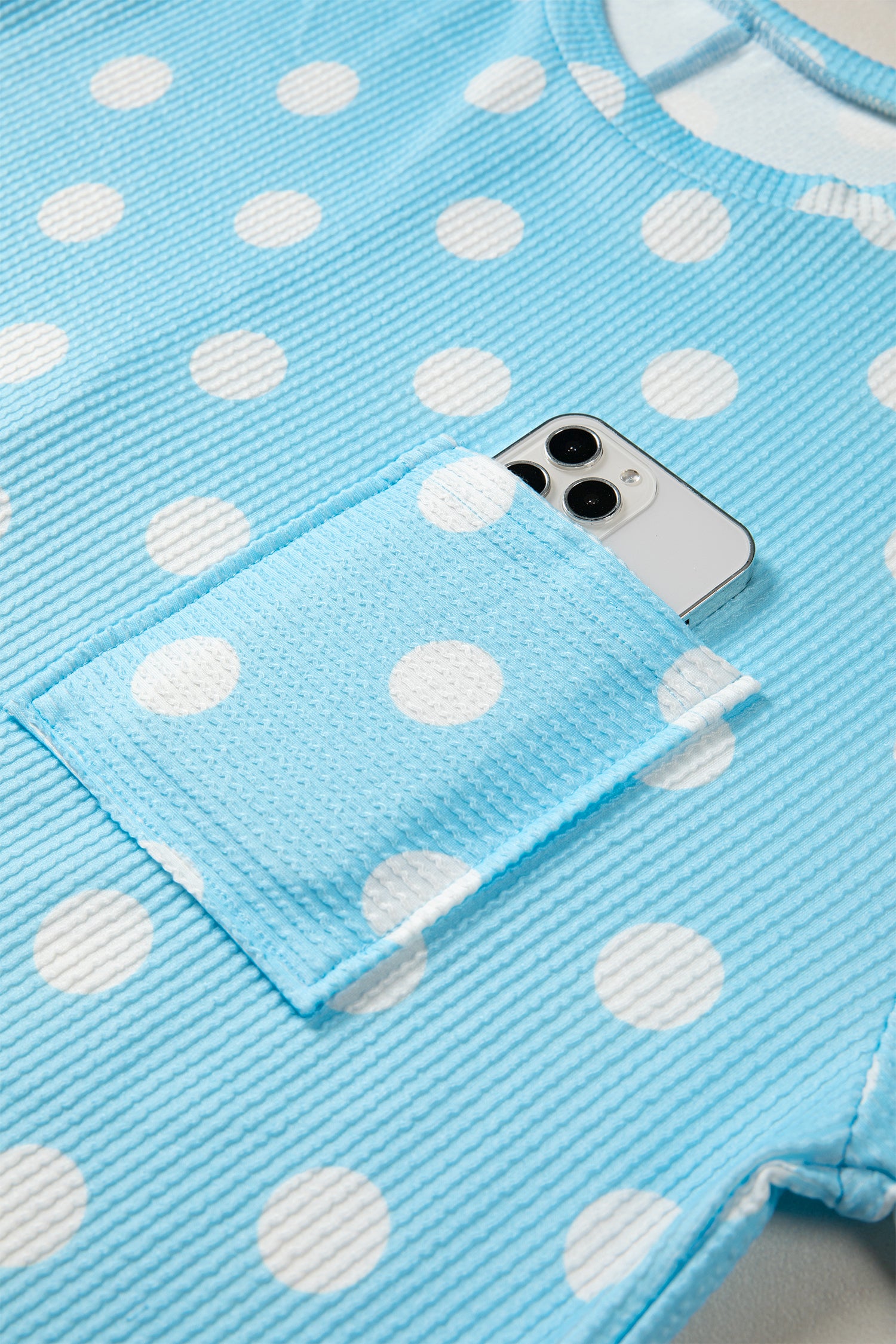 Sky Blue Polka Dot Patch Pocket Twisted Ribbed Top