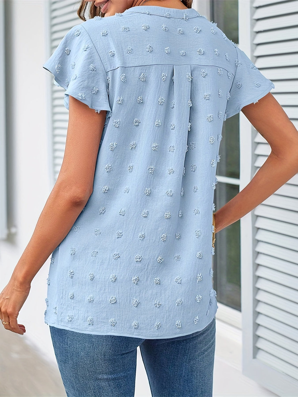 Swiss Dot V Neck Blouse, Casual Ruffle Sleeve Blouse