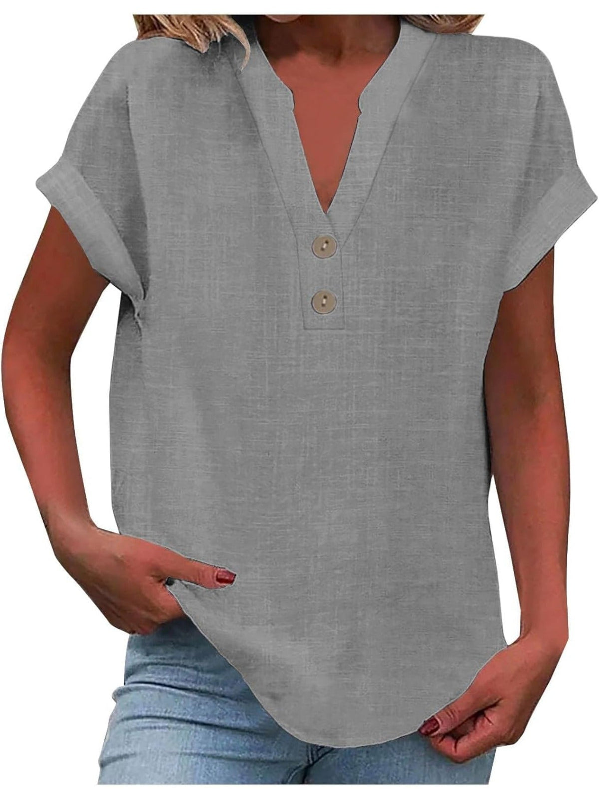 Solid Color V Neck Short Sleeve Button Down T Shirts