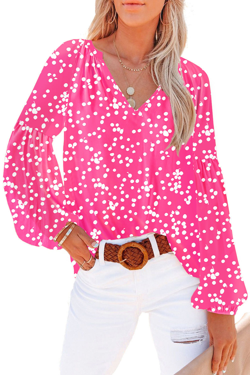 Rose Floral Print V Neck Long Puff Sleeve Top